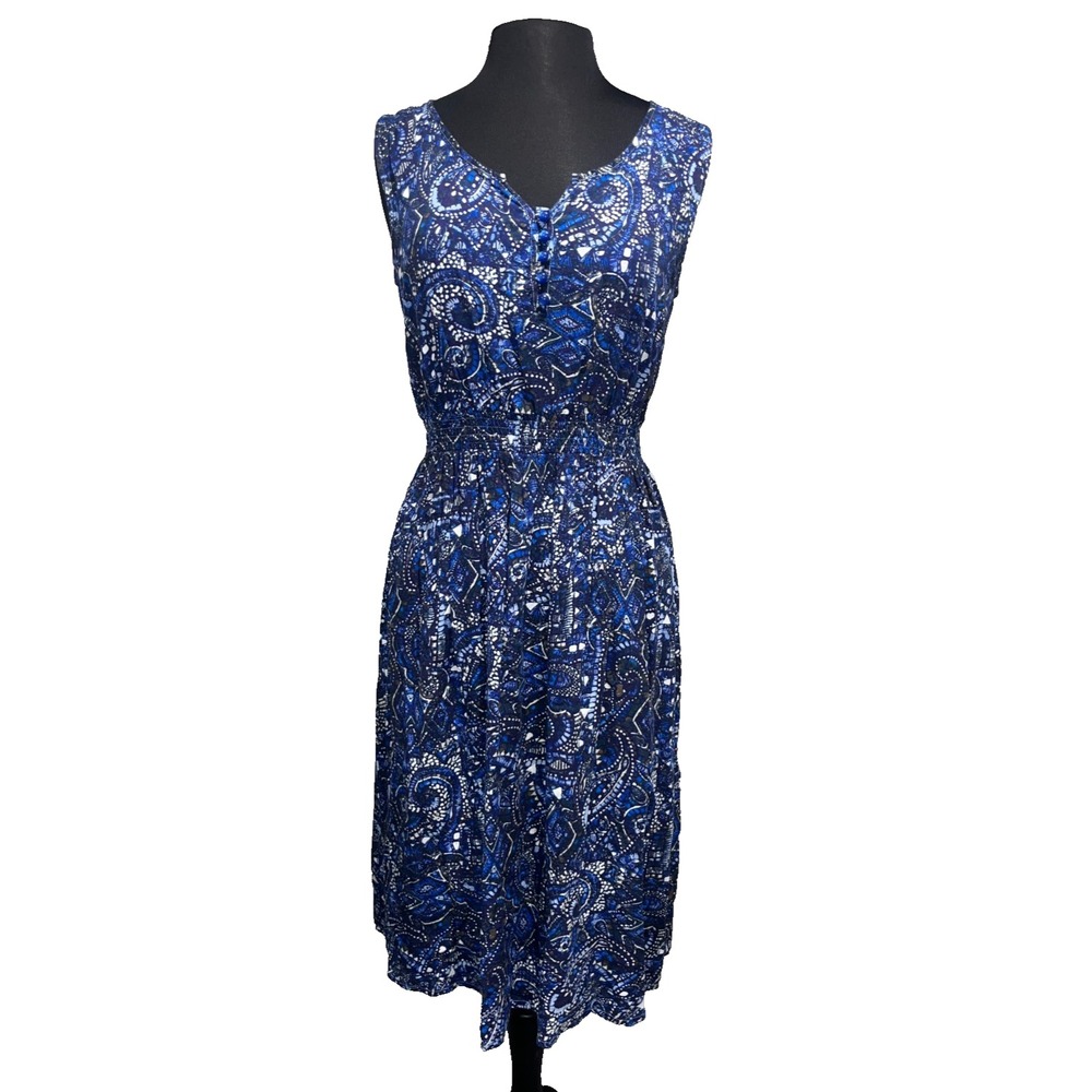 Erika Paisley Print Blue Sleeveless Women's Small Midi Dress V-Neck Boho Resort
